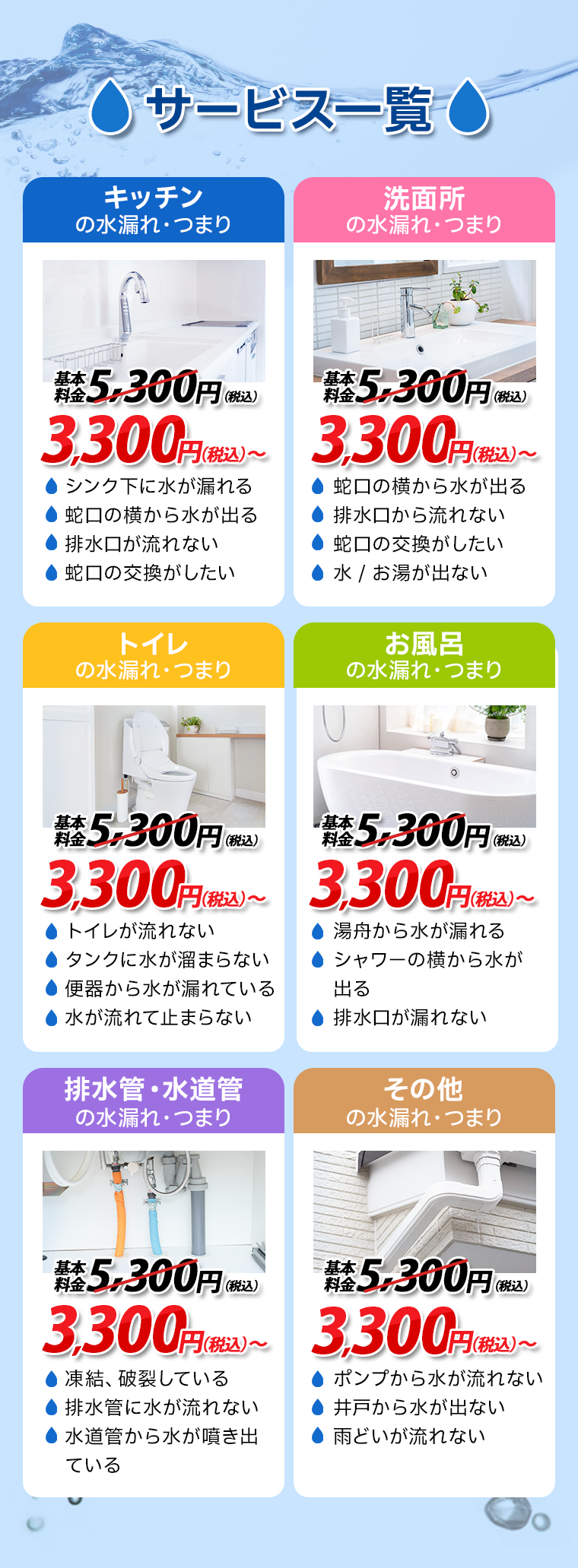 水回りのトラブルならなんでもお任せください！作業費用3,000円～トイレ・キッチンのトラブル・お風呂のトラブル・洗面所のトラブル,水のトラブル,トイレつまり,トイレ漏水,キッチン修理,蛇口交換,キッチン,便器,排水管,台所,蛇口,トイレ,給水管,洗面,風呂,修理,水漏れ,つまり,詰まり,交換,漏水,工事